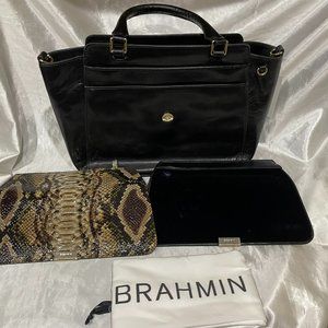Brahmin ROBIN Leather Satchel Black Topsail Handbag Interchangeable Flaps X 2